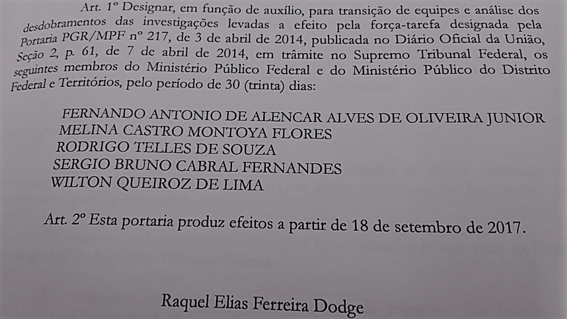 Minuta de portaria a ser publicada por Raquel Dodge trocando a equipe da Lava Jato na PGR (Foto: Reprodução)
