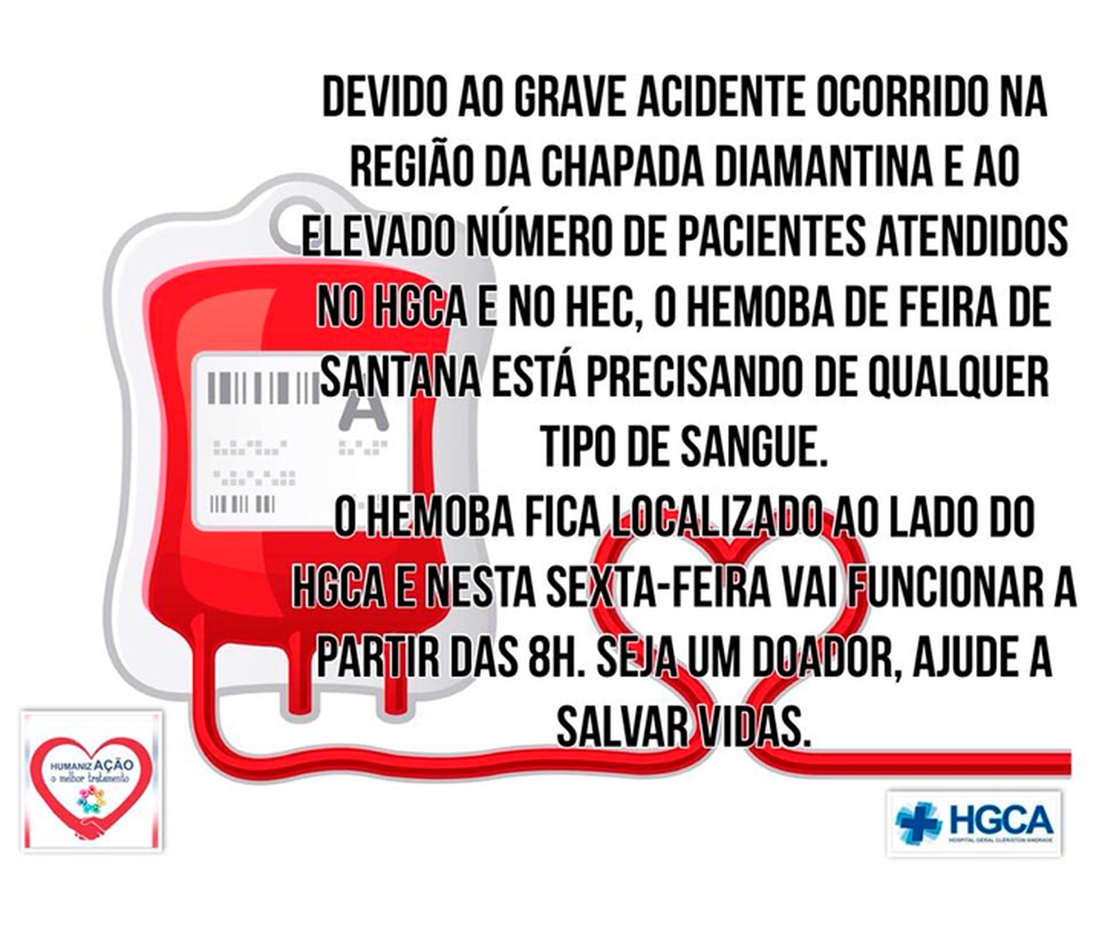 Hemoba de Feira de Santana pede doação de sangue para atender vítimas de acidente (Foto: Reprodução/Facebook)