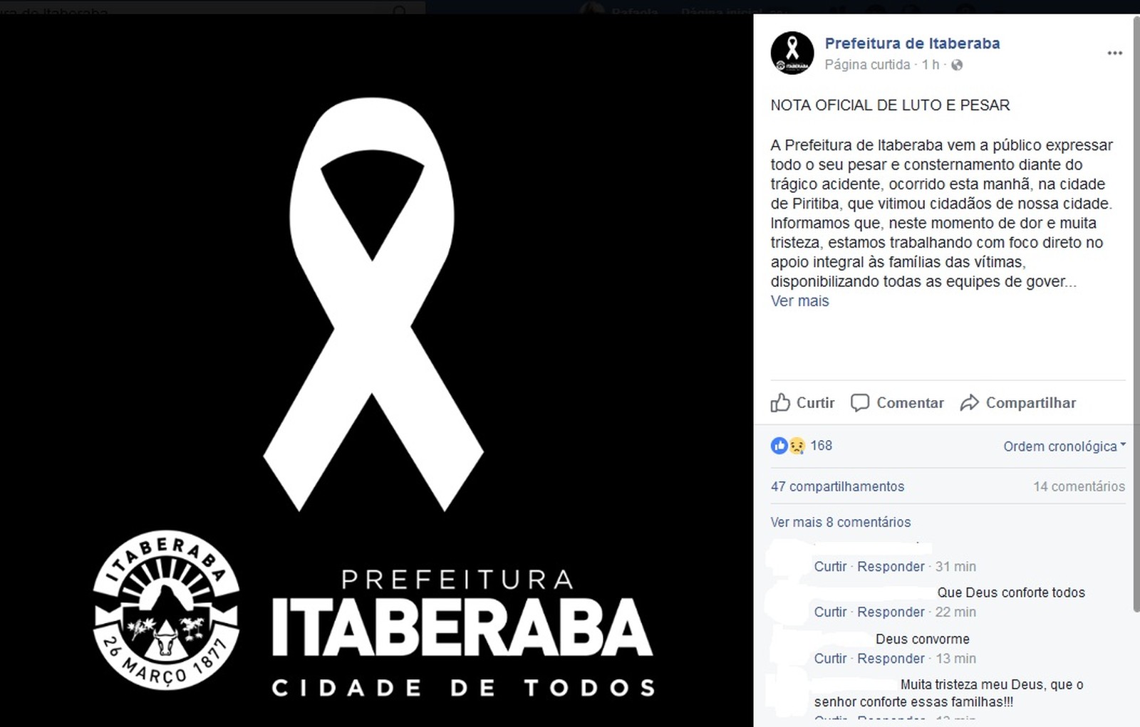 Prefeitura de Itaberaba anunciou luto oficial (Foto: Reprodução/Facebook)