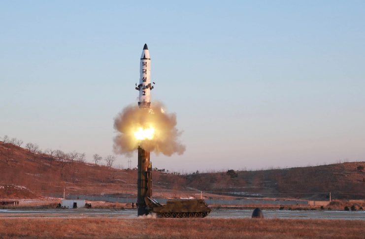 A view of the test-fire of Pukguksong-2 guided by North Korean leader Kim Jong Un on the spot, in this undated photo released by North Korea's Korean Central News Agency (KCNA) in Pyongyang February 13, 2017. KCNA/Handout via Reuters ATTENTION EDITORS - THIS PICTURE WAS PROVIDED BY A THIRD PARTY. REUTERS IS UNABLE TO INDEPENDENTLY VERIFY THE AUTHENTICITY, CONTENT, LOCATION OR DATE OF THIS IMAGE. FOR EDITORIAL USE ONLY. NO THIRD PARTY SALES. SOUTH KOREA OUT.  THIS PICTURE IS DISTRIBUTED EXACTLY AS RECEIVED BY REUTERS, AS A SERVICE TO CLIENTS.  TPX IMAGES OF THE DAY - RTSYDVO