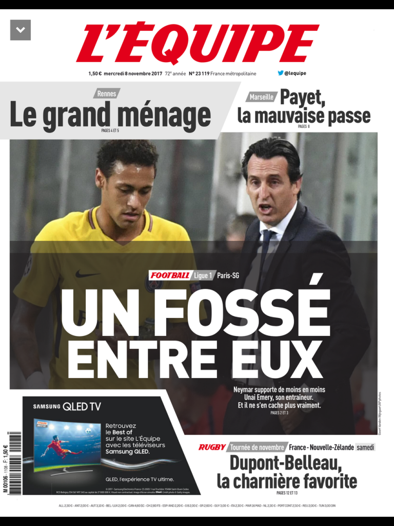 Jornal francês estampa rixa entre Neymar e Unai Emery: “Um abismo entre eles”