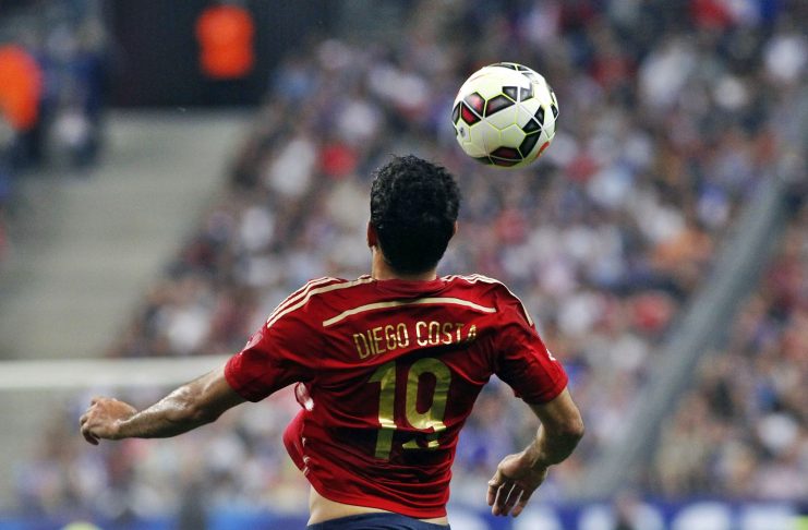Spain's Diego Costa controls the ball during his international friendly soccer match against France, at the Stade de France in Saint Denis, outside Paris, Thursday, Sept. 4, 2014. (AP Photo/Thibault Camus)