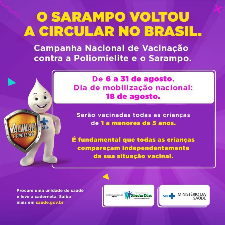 Campanha de vacinação contra sarampo começa dia 6 de agosto em Simão Dias