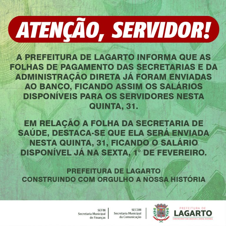 Prefeitura de Lagarto anuncia pagamento dos salários de janeiro
