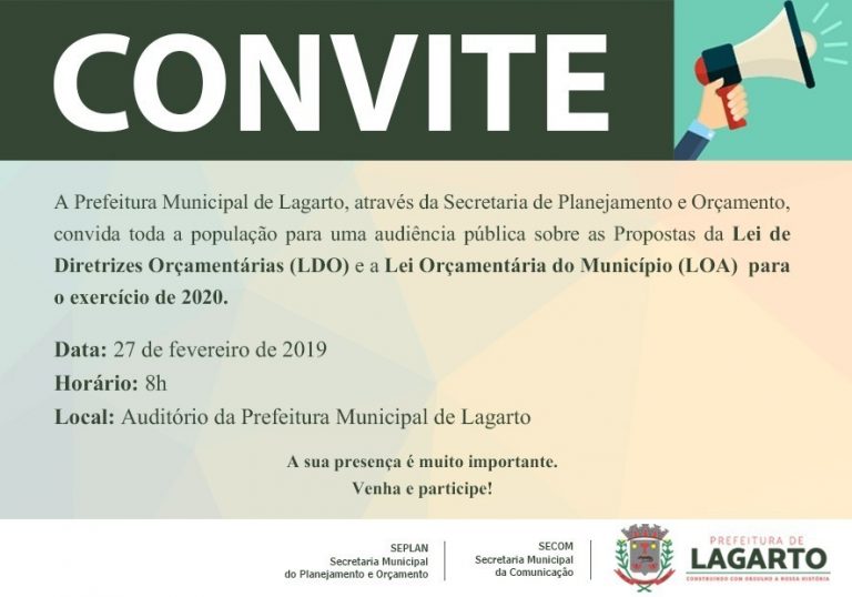 Prefeitura de Lagarto realizará audiência pública para discutir LDO e LOA 2020