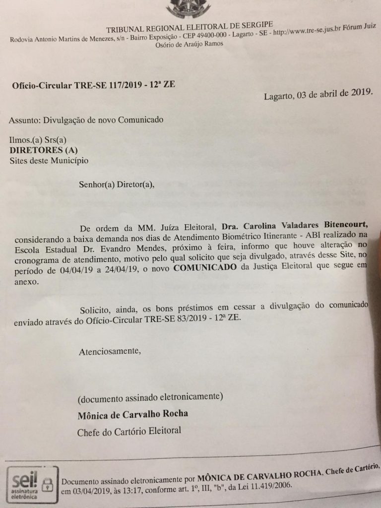 Ofício-Circular TRE-SE 117/2019-12ª  ZE