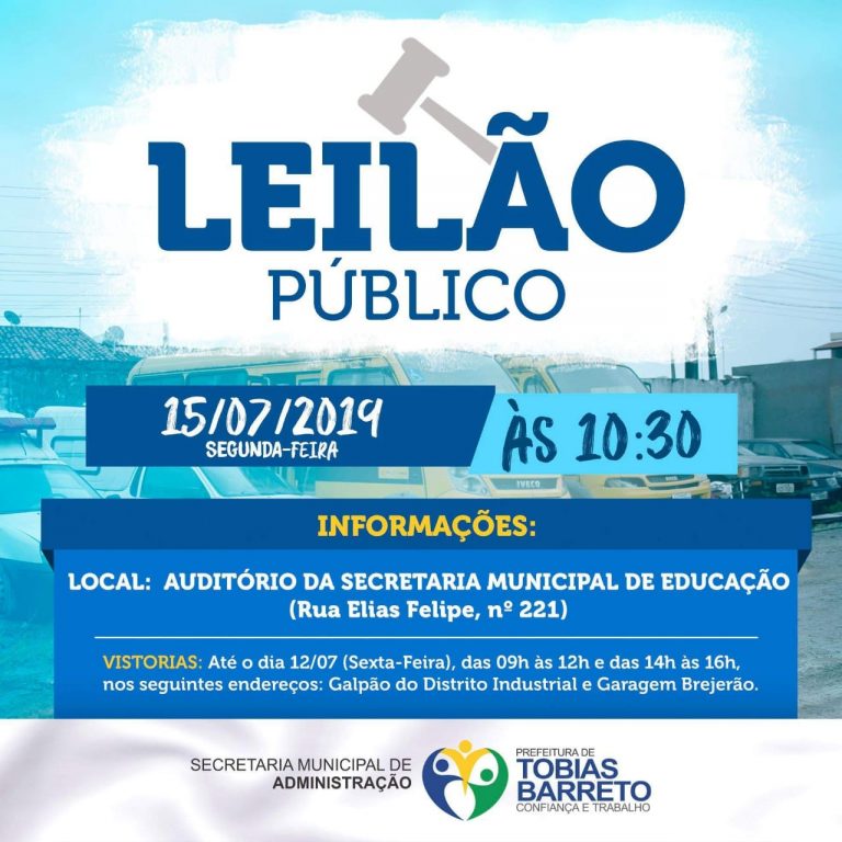 Tobias Barreto fará leilão de materiais e veículos na segunda-feira, 15