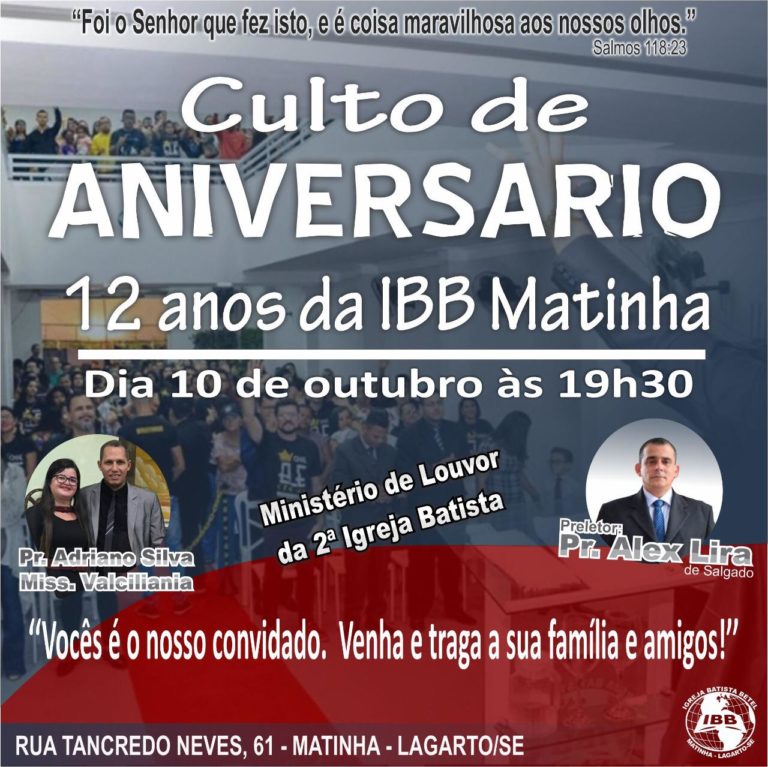 Convite: Culto de Aniversário – 12 Anos da IBB Matinha – Lagarto/SE