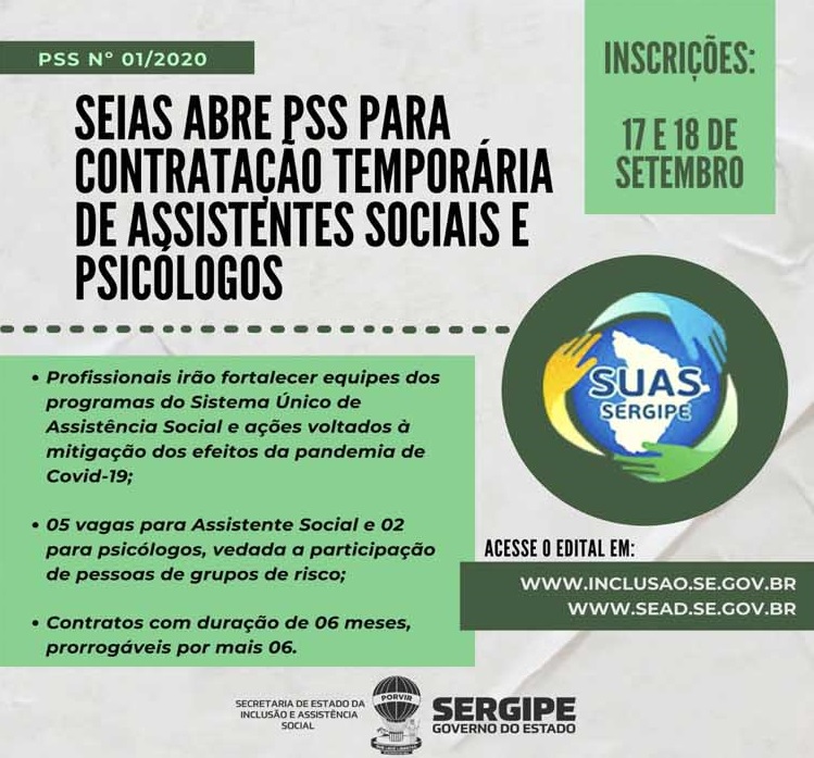 Secretaria de Estado da Inclusão abre PSS para contratação de assistentes sociais e psicólogos