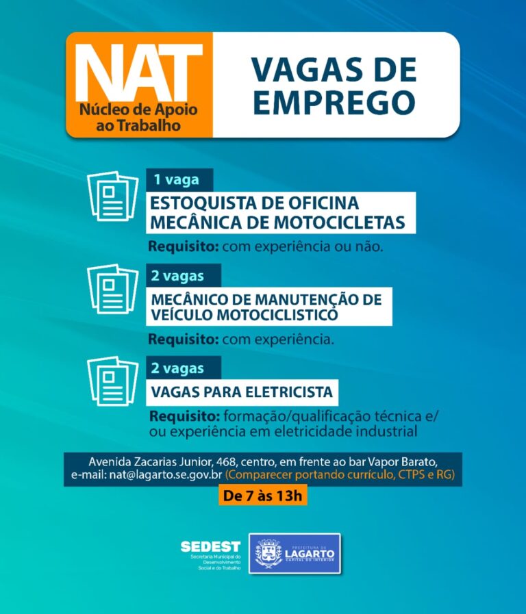 NAT de Lagarto disponibiliza mais cinco vagas de trabalho