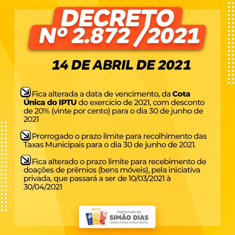 Prefeitura de Simão Dias prorroga prazo para pagamento do IPTU