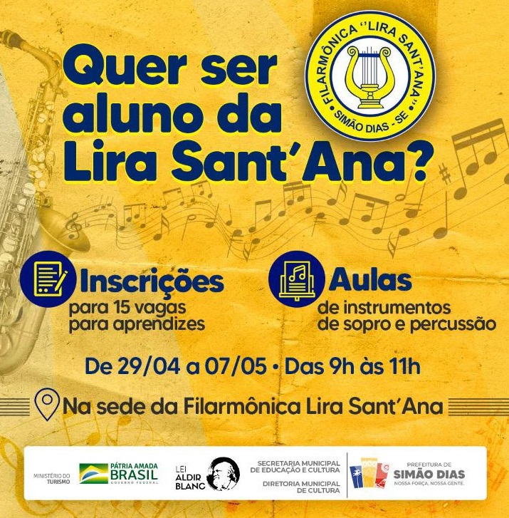 Prefeitura de Simão Dias abre inscrições para a Filarmônica Lira Sant’Ana