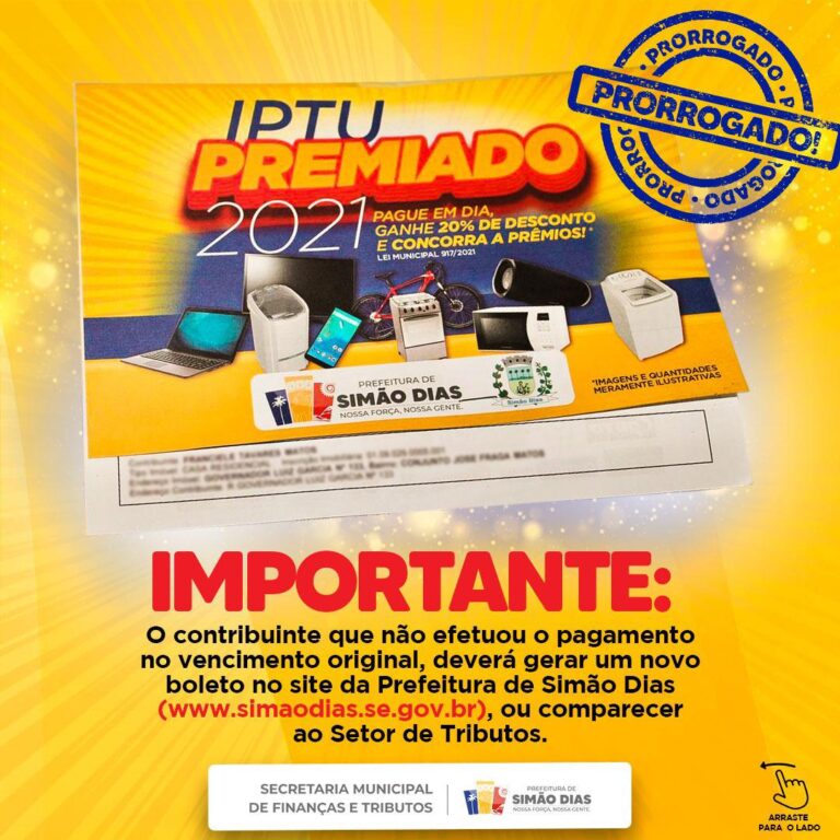 Prefeitura de Simão Dias prorroga prazo para pagamento do IPTU