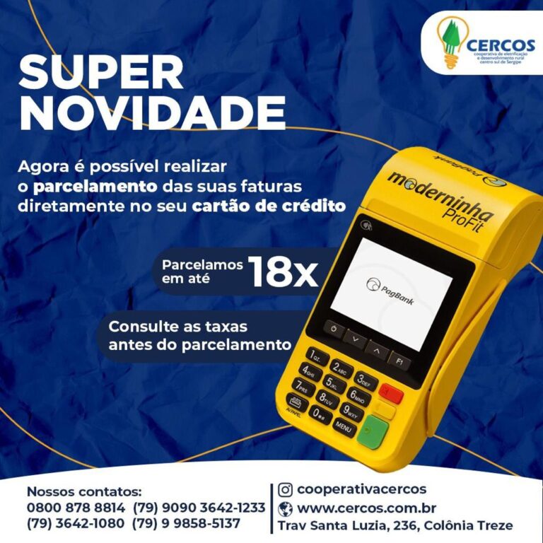 Fatura da CERCOS pode ser parcelada no cartão de crédito