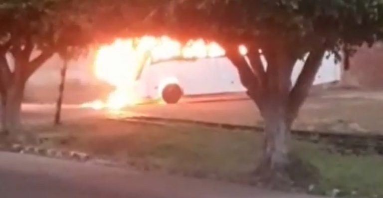 Após incendiar, micro-ônibus fica destruído no município de Salgado