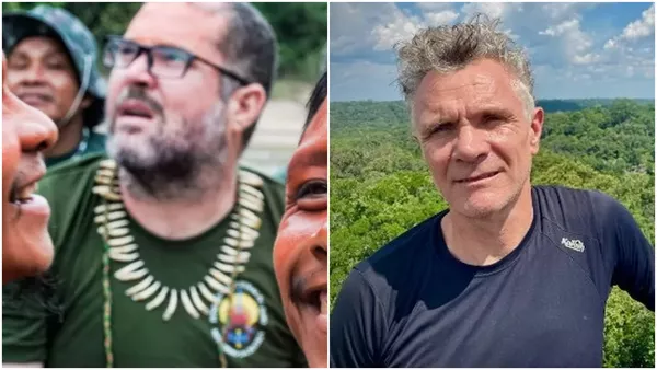 Montagem com fotos do indigenista brasileiro Bruno Pereira e do jornalista inglês Dom Phillips — Foto: Divulgação/Funai e Reprodução Twitter/@domphillips