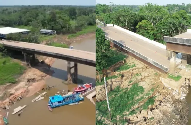 Antes e depois da ponte Autaz Mirim, na BR-319. Estrutura desabou no dia 8 de outubro — Foto: Wiliam Duarte/Rede Amazônica e Associação de Amigos e Defensores da BR-319/Divulgação