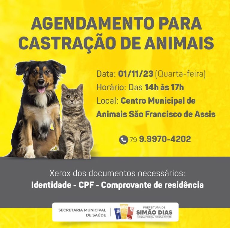 Simão Dias realizará agendamento para castração de cães e gatos