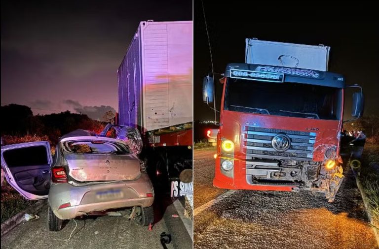 Homem morre e três pessoas ficam feridas em acidente entre caminhão e carro em Areia Branca