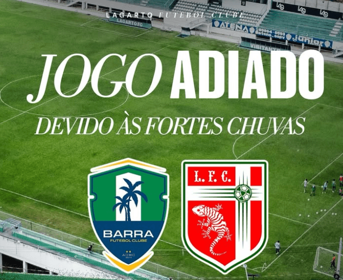 Partida entre Barra e Lagarto é adiada para 23 de janeiro devido às fortes chuvas