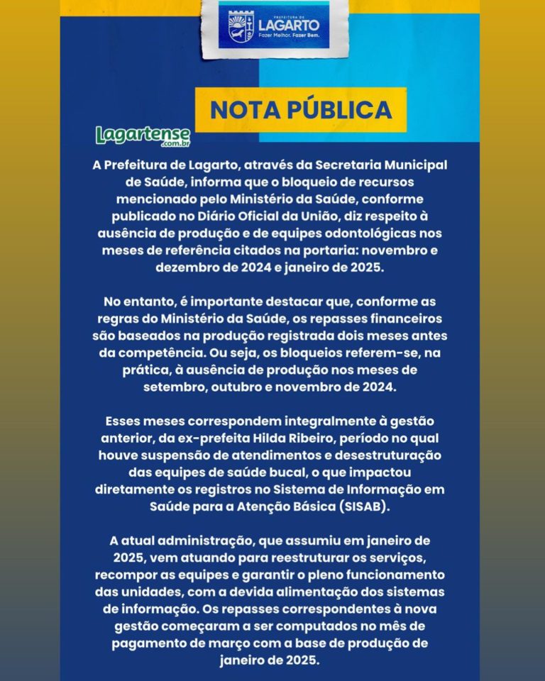 Prefeitura de Lagarto esclarece bloqueio apontado pelo Ministério da Saúde e responsabiliza gestão anterior