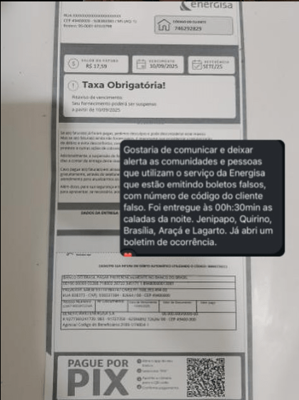Moradores denunciam emissão de boletos falsos em nome da Energisa