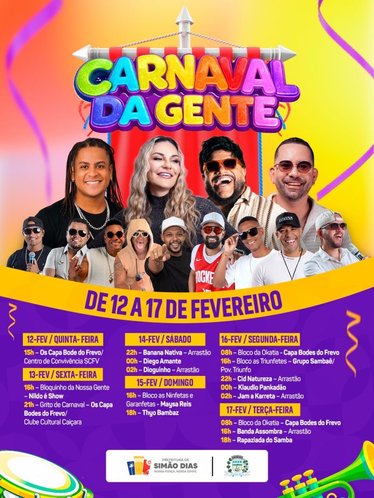 Prefeitura de Simão Dias divulga a programação oficial do Carnaval da Gente 2026